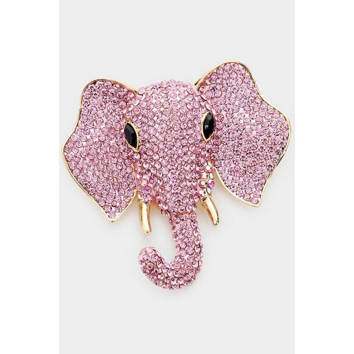 BR1378 Elephant Face Giant Rhinestone Pin Brooch in Gold & Pink