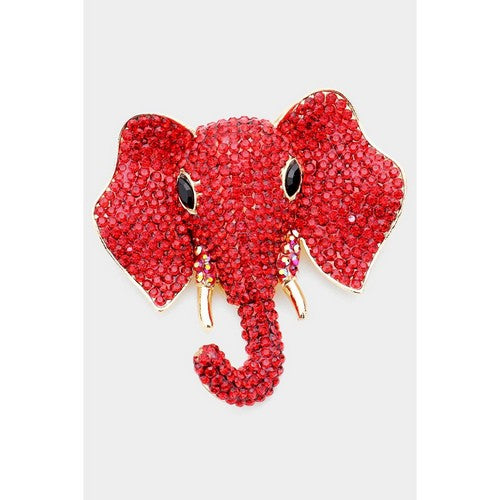 BR1378 Elephant Face Giant Rhinestone Pin Brooch in Gold & Red