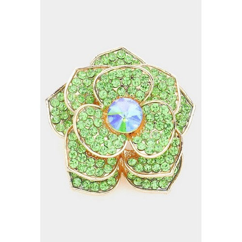 BR1433 Rhinestone Flower Pin Brooch in Gold & Green