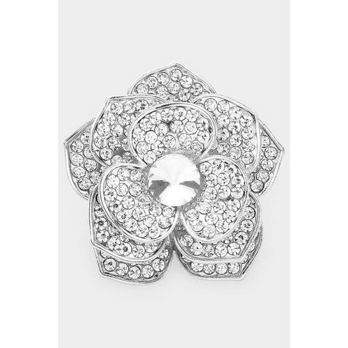 BR1433 Rhinestone Flower Pin Brooch in Silver