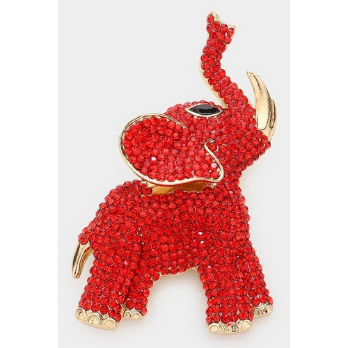 BR1479 Elephant Rhinestone Jumbo Pin Brooch in Gold & Red