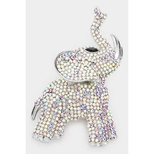 BR1479 Elephant Rhinestone Jumbo Pin Brooch in Silver & AB Crystal