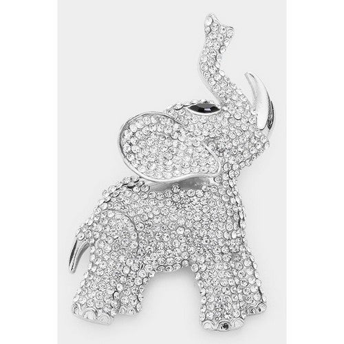 BR1479 Elephant Rhinestone Jumbo Pin Brooch in Silver