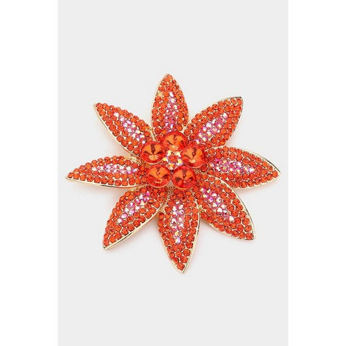 BR1392 Oversize Rhinestone Flower Pin Brooch in Gold & Orange