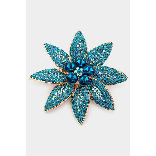 BR1392 Oversize Rhinestone Flower Pin Brooch in Gold & Turquoise