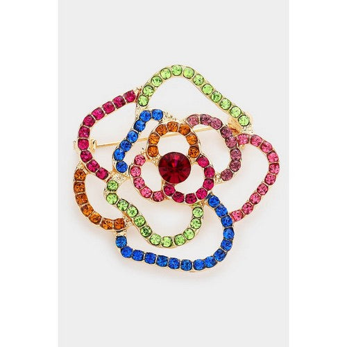 BR2041 Rhinestone Flower Pin Brooch in Gold & Multi