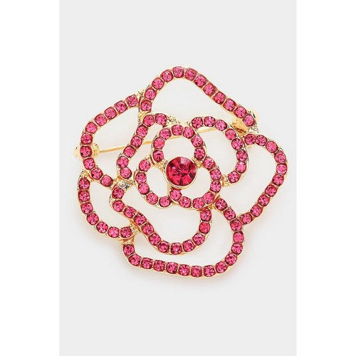 BR2041 Rhinestone Flower Pin Brooch in Gold & Pink
