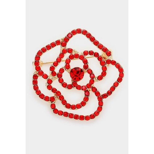 BR2041 Rhinestone Flower Pin Brooch in Gold & Red