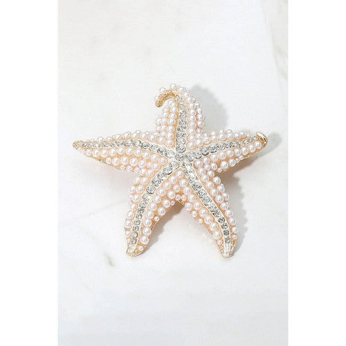 BR1098 Oversize Pearl & Rhinestone Starfish Pin Brooch in Gold