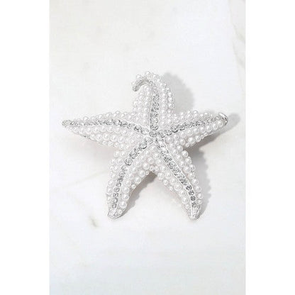BR1098 Oversize Pearl & Rhinestone Starfish Pin Brooch in Silver