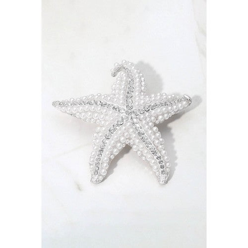 BR1098 Oversize Pearl & Rhinestone Starfish Pin Brooch in Silver