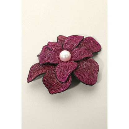 BR2165 Oversize Rhinestone Pearl-Centre Flower Pin Brooch in Fuchsia