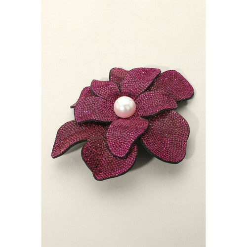 BR2165 Oversize Rhinestone Pearl-Centre Flower Pin Brooch in Fuchsia
