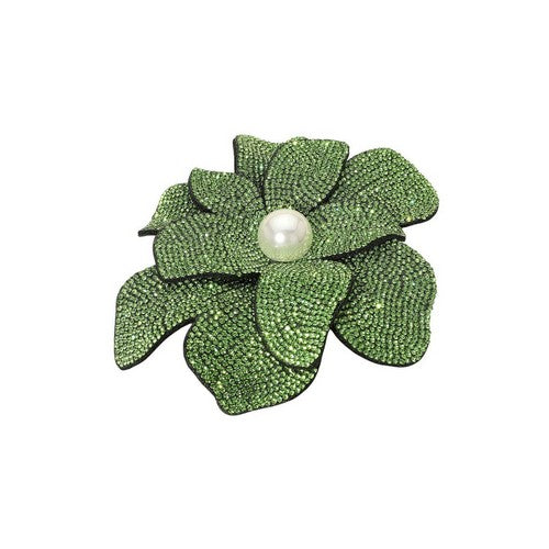 Oversize Rhinestone Pearl-Centre Flower Pin Brooch in Lime