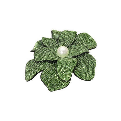 Oversize Rhinestone Pearl-Centre Flower Pin Brooch in Lime