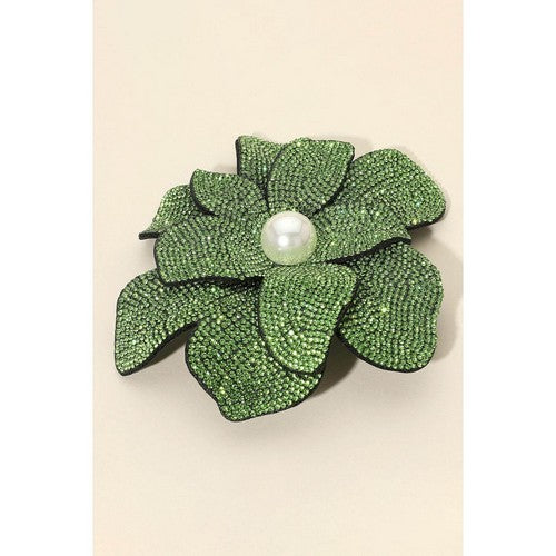 BR2165 Oversize Rhinestone Pearl-Centre Flower Pin Brooch in Lime