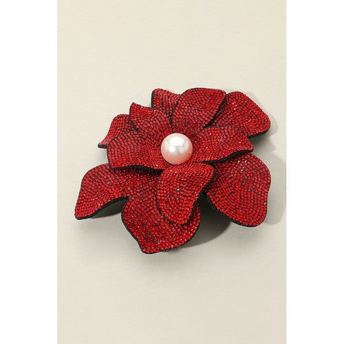BR2165 Oversize Rhinestone Pearl-Centre Flower Pin Brooch in Red