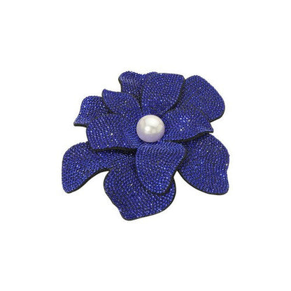 Oversize Rhinestone Pearl-Centre Flower Pin Brooch in Sapphire