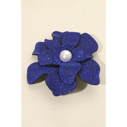 BR2165 Oversize Rhinestone Pearl-Centre Flower Pin Brooch in Sapphire