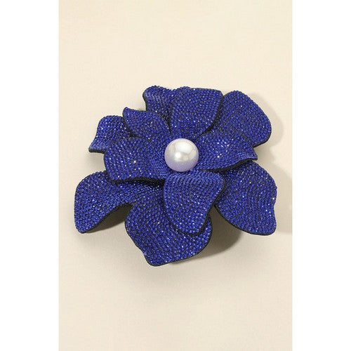 BR2165 Oversize Rhinestone Pearl-Centre Flower Pin Brooch in Sapphire