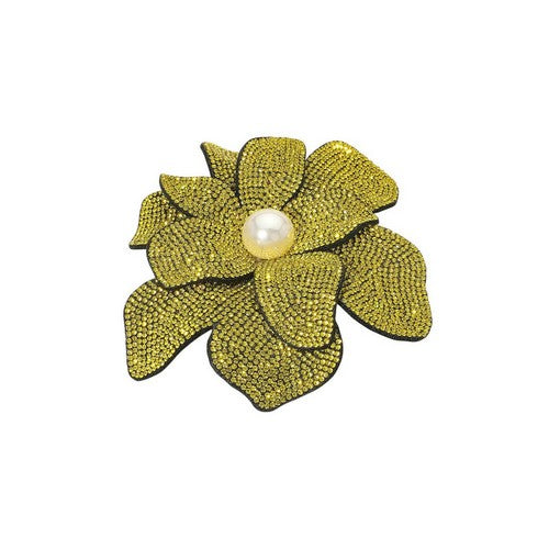 Oversize Rhinestone Pearl-Centre Flower Pin Brooch in Yellow