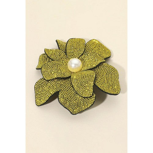 BR2165 Oversize Rhinestone Pearl-Centre Flower Pin Brooch in Yellow