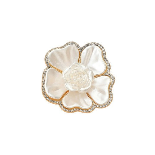 Pearly Rhinestone Flower Pin Brooch in Gold