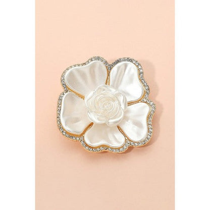 BR21 Pearly Rhinestone Flower Pin Brooch in Gold