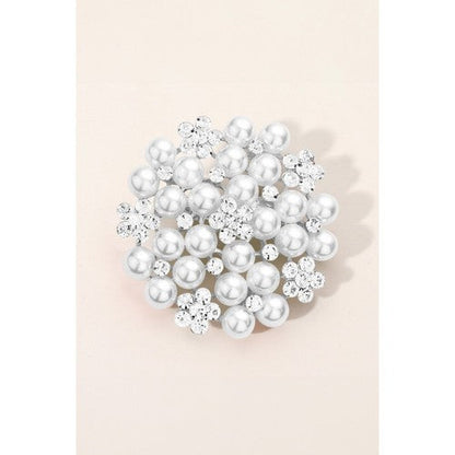 BR06693 Pearl Crystal Floral Pin Brooch in Silver