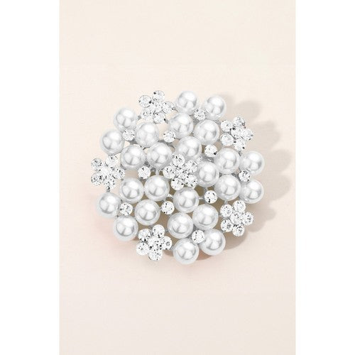 BR06693 Pearl Crystal Floral Pin Brooch in Silver