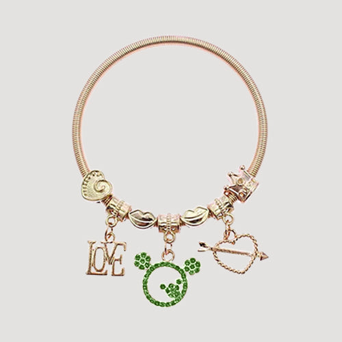 RBT1516R6 Rhinestone Mickey Love Stretch Charm Bracelet in Gold & Green