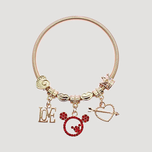 RBT1516R6 Rhinestone Mickey Love Stretch Charm Bracelet in Gold & Red