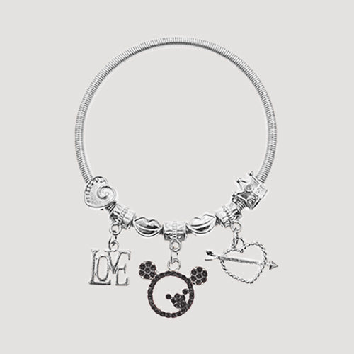 RBT1516R6 Rhinestone Mickey Love Stretch Charm Bracelet in Silver & Black