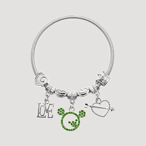 RBT1516R6 Rhinestone Mickey Love Stretch Charm Bracelet in Silver & Green