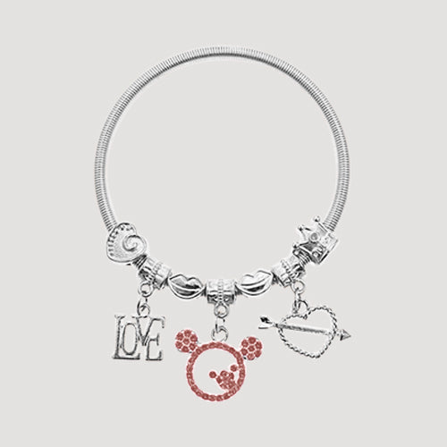 RBT1516R6 Rhinestone Mickey Love Stretch Charm Bracelet in Silver & Pink