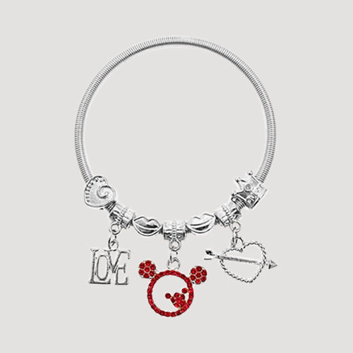 RBT1516R6 Rhinestone Mickey Love Stretch Charm Bracelet in Silver & Red