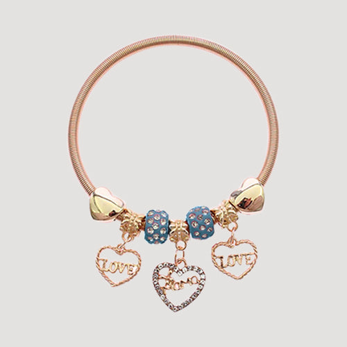 RBT1847R6 Rhinestone Bead Love Stretch Charm Bracelet in Gold & Light Blue