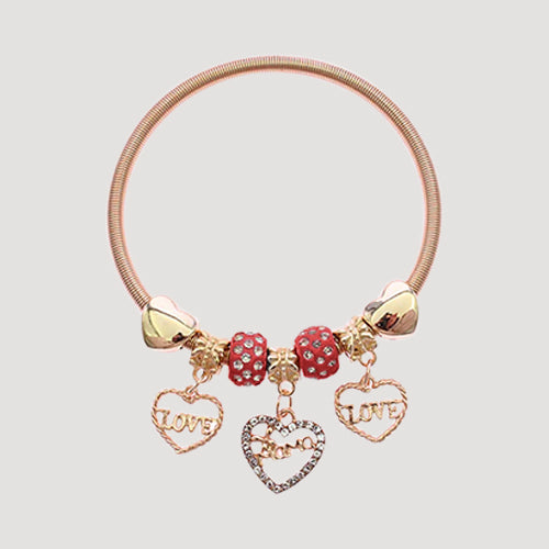 RBT1847R6 Rhinestone Bead Love Stretch Charm Bracelet in Gold & Red