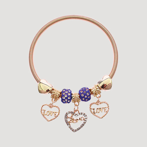 RBT1847R6 Rhinestone Bead Love Stretch Charm Bracelet in Gold & Royal Blue