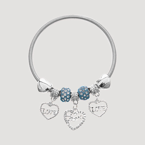 RBT1847R6 Rhinestone Bead Love Stretch Charm Bracelet in Silver & Light Blue