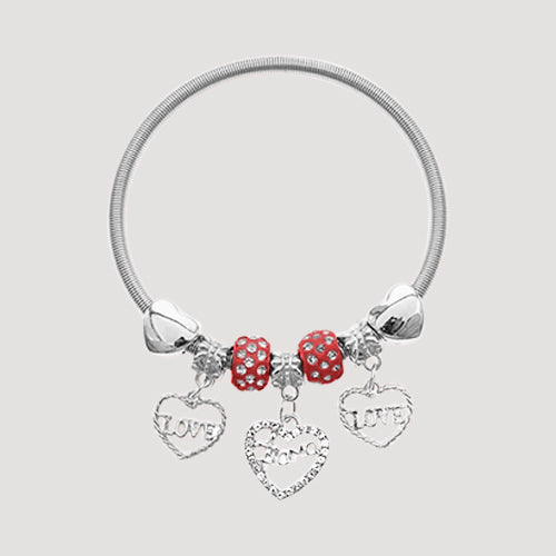 RBT1847R6 Rhinestone Bead Love Stretch Charm Bracelet in Silver & Red