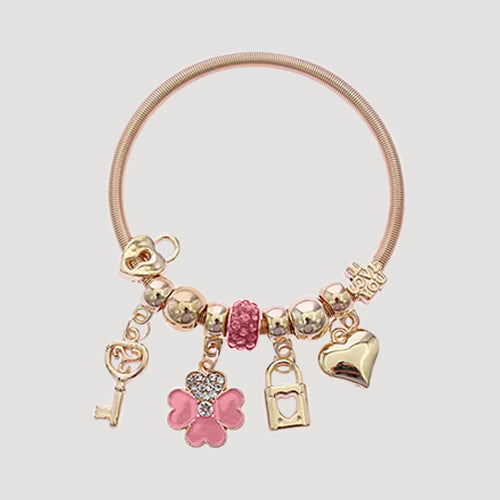 RBT2009R Rhinestone Clover & Lock Bead Stretch Charm Bracelet in Gold & Pink