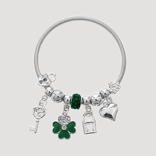 RBT2009R Rhinestone Clover & Lock Bead Stretch Charm Bracelet in Silver & Green