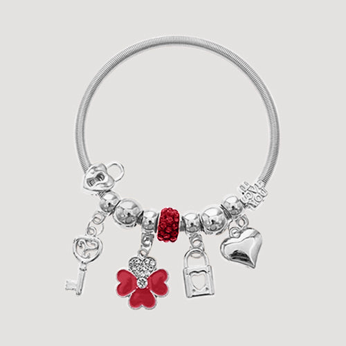 RBT2009R Rhinestone Clover & Lock Bead Stretch Charm Bracelet in Silver & Red