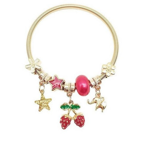 B608 Enamel Strawberry Stretch Chram Bracelet in Gold