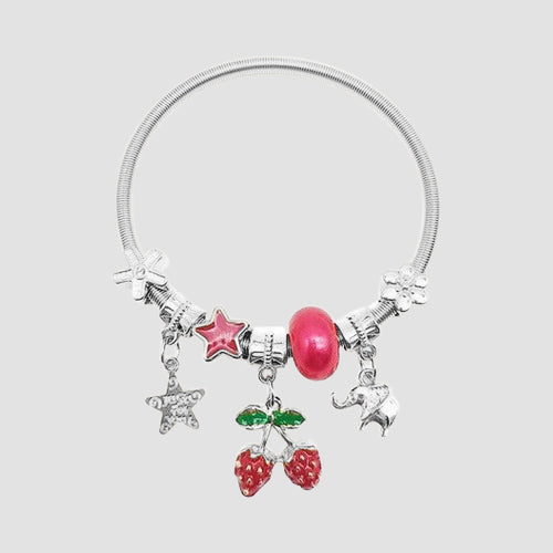 Enamel Strawberry Stretch Charm Bracelet in Silver