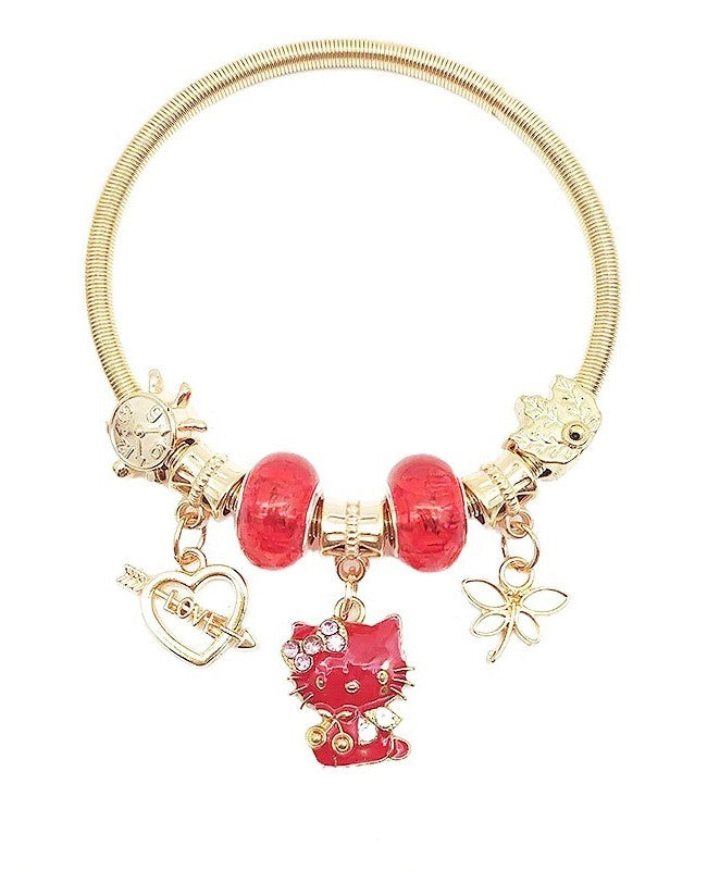 B609 Enamel Kitty Stretch Chram Bracelet in Gold