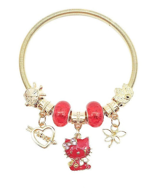 B609 Enamel Kitty Stretch Chram Bracelet in Gold