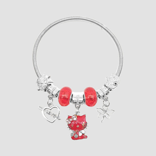 Enamel Kitty Stretch Charm Bracelet in Silver