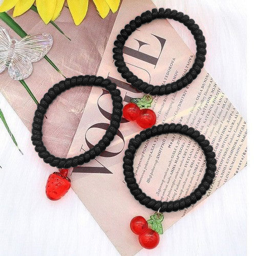 Stretchy Spiro Stackable 3pk Cherry Charm Bracelet in Black